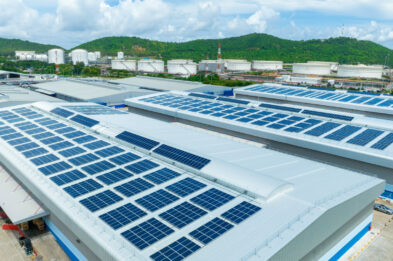 Top view Solar Cell on Warehouse Factory. Solor photo voltaic pa